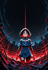Lonely girl under a supernatural red eye