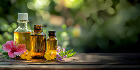 Three small glass bottles, Tropical oils , Floral harmony, Natural oils, bottles of essential oil with cosmos flowers on wooden surface
