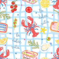 La Dolce Vita Seamless Pattern, Summer Sardines Picnic Lobster Food Wrap, Italian Kitchen Gingham Design, Cute Mediterranean Style