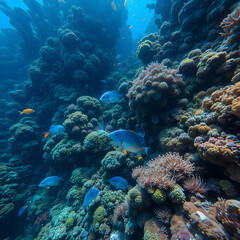 Naklejka premium A dense coral jungle underwater, with parrotfish nibbling on coral and sea urchins nestled between rocks. 