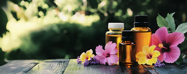 Botanical blends tropical oils , floral harmony, Natural oils on tropical serene background .