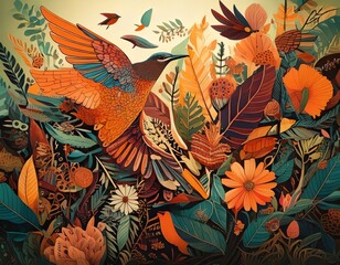 Vibrant Tropical Bird in Lush Floral Paradise: A Stunning Artwork Featuring a Colorful Bird Soaring Amidst a Riot of Exotic Flowers and Leaves, Creating a Captivating Tapestry of Nature's Beauty.