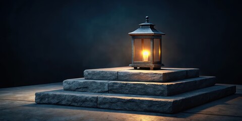 Dark stone podium with a single candlelit lantern on top