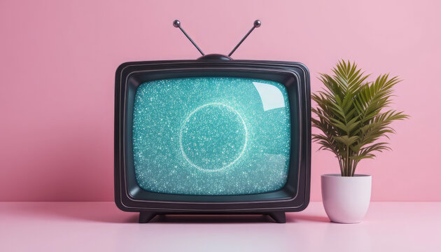 Vintage Television with Static on Pink Background and House Plant - Powered by Adobe
