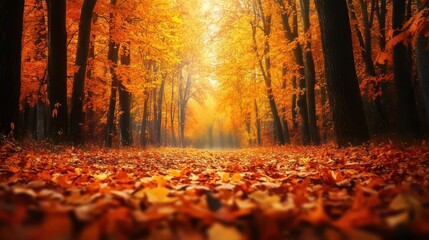 A wide shot of an empty forest in autumn, vibrant orange, yellow, and red foliage surrounding a silent clearing.