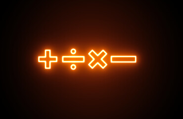 Neon Math symbol icons with simple and modern design on black background. Addition, subtraction, multiplication, division, icons. plus, minus, divide, times.
