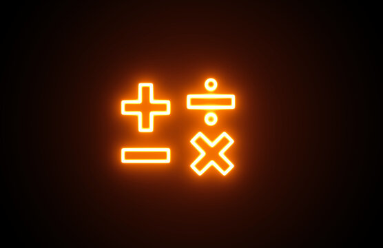 Neon Math symbol icons with simple and modern design on black background. Addition, subtraction, multiplication, division, icons. plus, minus, divide, times.