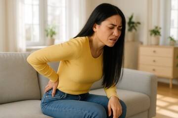 Back pain: A woman in a yellow sweater is experiencing back pain, holding her lower back while sitting on a sofa