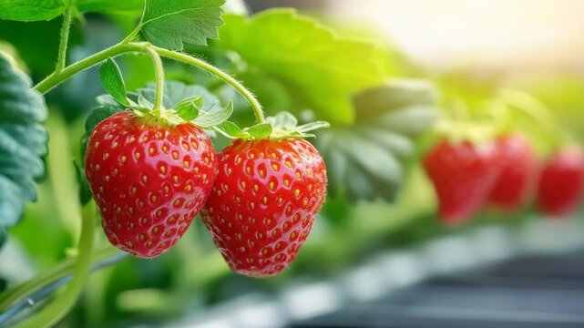 Ripe red strawberry fruit hanging on green plant with fresh leaves in sunlight, showing natural texture and vibrant color in garden or farm setting, fresh and juicy berries growing in garden or farm