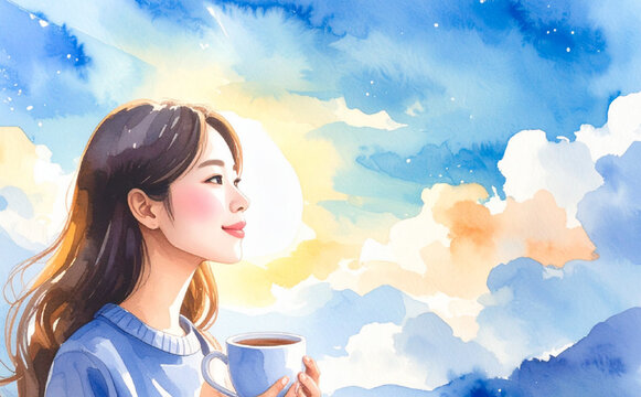 Watercolor Woman with Coffee under Morning Sky

