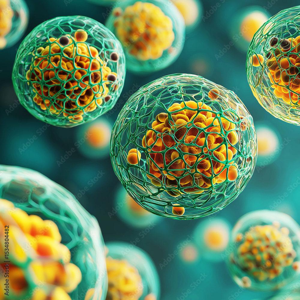 Aufkleber biohacking biology health. 3d render of bioengineered cells in reaction to nutrients.