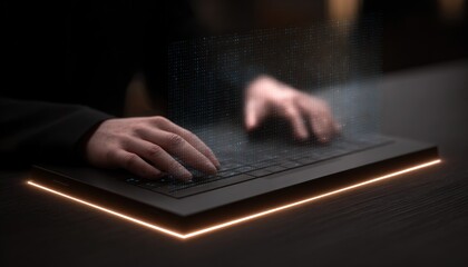 Hands typing on a glowing keyboard, digital code overlay