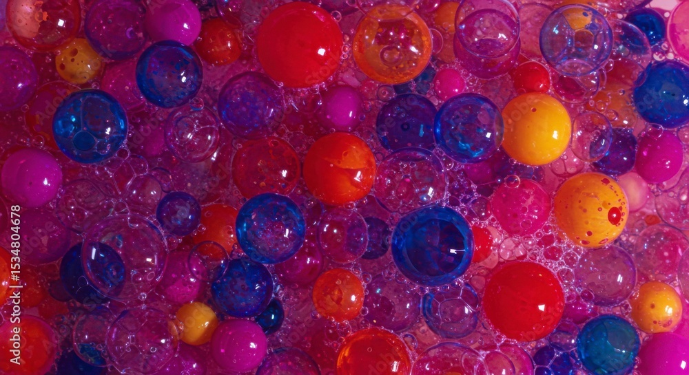 Poster vibrant closeup of colorful spheres floating in a bubbly pink liquid, creating a lively abstract com