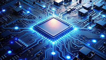 Fototapeta premium Circuit board with glowing blue lights and metallic components scattered around it