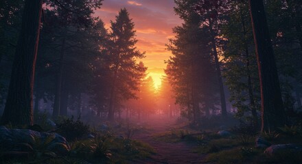 Sunset path through misty forest