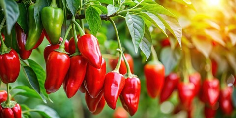 Close-up shot of red Biquinho peppers hanging from branches with lush green foliage and leaves