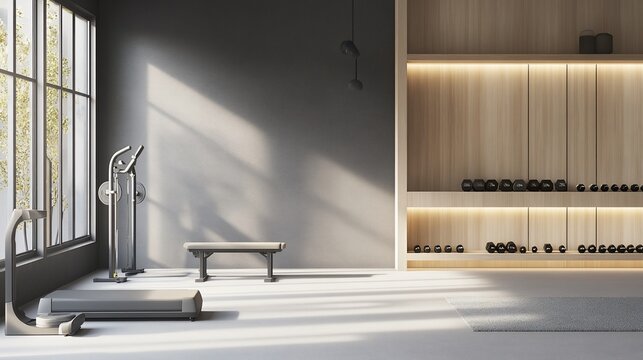 Modern minimalist home gym interior with weightlifting equipment, creating an ideal space for exercise and fitness enthusiasts