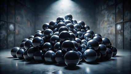 A cluster of large abstract black spheres in a dimly lit dark room with muted grey tones and subtle ambient shadows