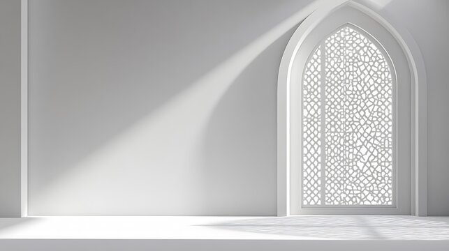 Serene sunlight illuminates an intricately patterned arched window, isolated on white background