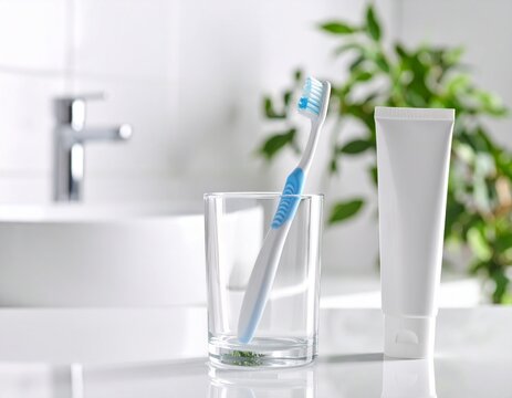 コップに入った歯ブラシと歯磨き粉