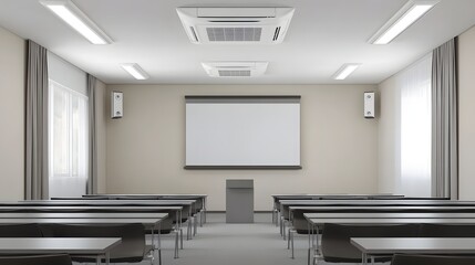 Modern Classroom Interior with Desks, Projector, and Air Conditioning