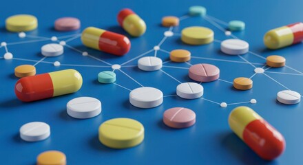 Assorted pills and capsules interconnected, illustrating pharmaceutical networks or medication interactions