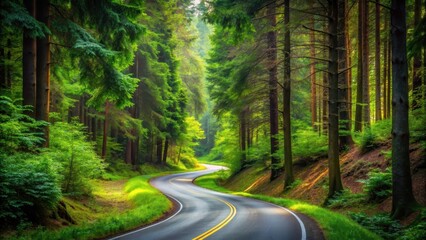 Fototapeta premium A winding road cuts through the dense forest with a gentle curve