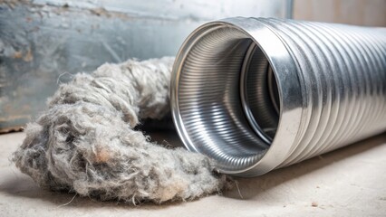 A flexible aluminum dryer vent duct partially filled with lint and twisted around a metal pipe