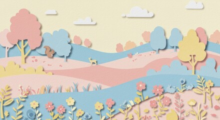 Charming Paper Cut Pastel Forest Landscape with Woodland Animals and Birds