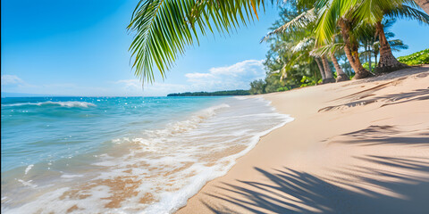 Tropical beach A Paradise Found, Beautiful beach with palms and turquoise sea and blue sky.