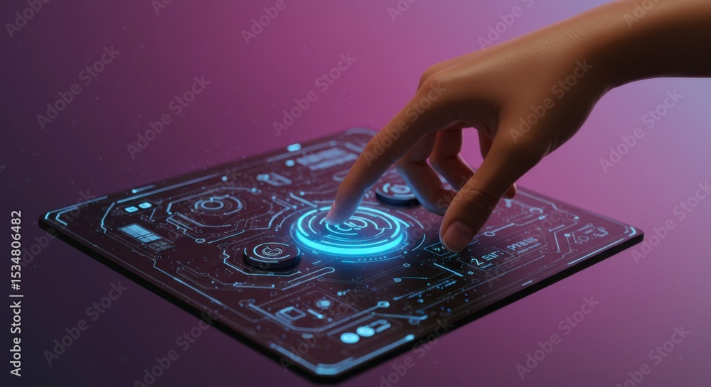 Poster a hand interacts with a futuristic control panel. a glowing circular button is being pressed