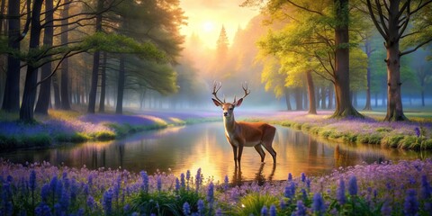 Fototapeta premium Deer surrounded by bluebells in a lush meadow under the warmth of sunset