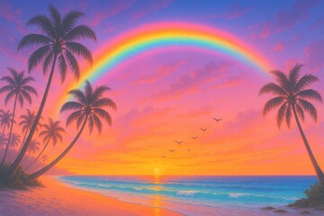Fototapeta premium Pastel Beach Sunrise with Rainbow Glow and Flying Birds