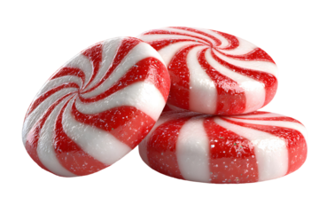 Three red and white peppermint candies stacked on a transparent background perfectly