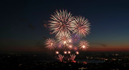 Night sky ablaze with vibrant fireworks display over cityscape