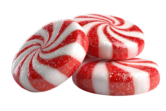 Three red and white peppermint candies stacked on a transparent background perfectly