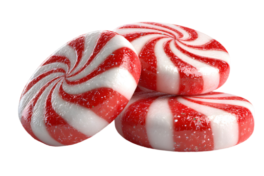 Three red and white peppermint candies stacked on a transparent background perfectly