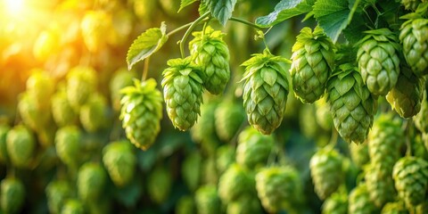 Obraz premium Close-up of green beer hop cones hanging from a lush vine in a hop farm