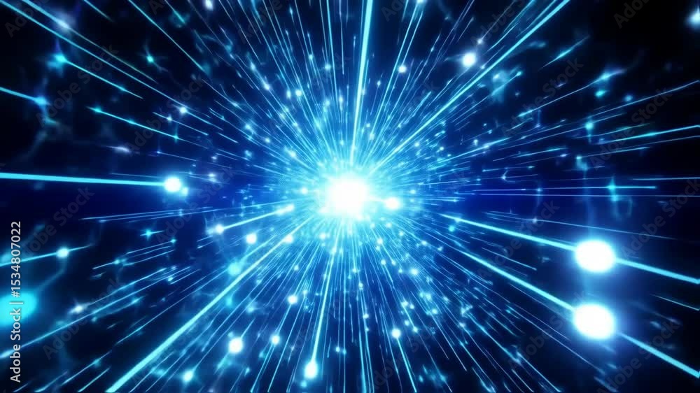 Poster blue laser beams shoot from a central point, creating dynamic streaks of light moving through dark s