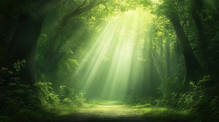 Obraz premium A vast, empty woodland at midday, sunlight streaming through gaps in the dense green canopy, illuminating the path.