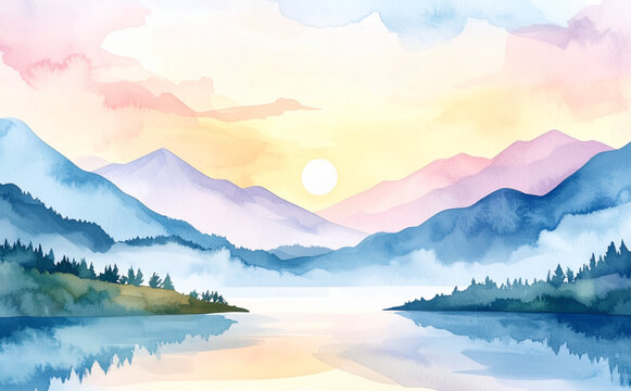 Dreamy Watercolor Mountain Landscape with Lake at Sunrise