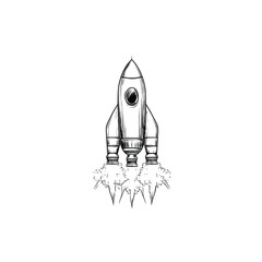 Black and White Sketch of a Rocket Launching with Smoke and Flames Rising Upward