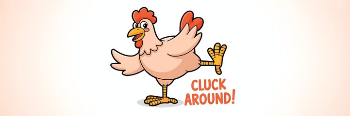 Illustrated chicken cartoon joyfully dancing with text 'Cluck Around!' on a light background.
