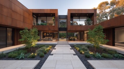 A luxurious modernist home with copper-toned facade floating glass balconies house faces landscaped courtyard, with morning light reflecting