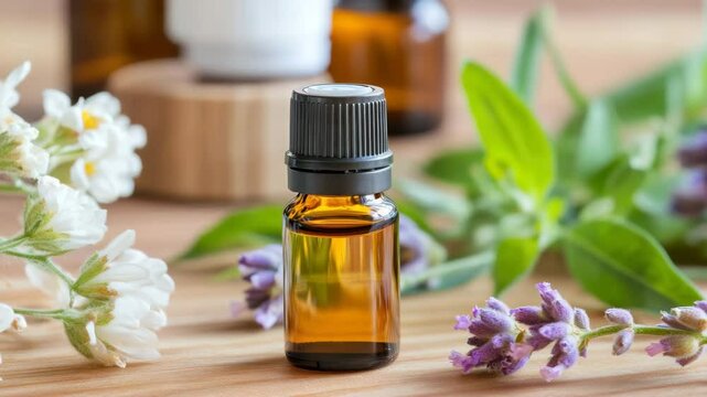 Small amber glass bottle with essential oil surrounded by fresh white flower, purple flower, and lavender, natural small glass bottle for aromatherapy and wellness use on wooden surface