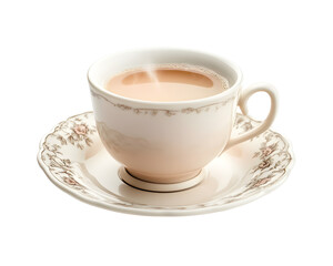 Fototapeta premium Elegant porcelain tea cup with golden rim filled with hot tea on matching saucer isolated on transparent background