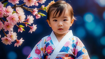Portrait of a little girl wearing yukata, Japanese traditional summer kimono. Cherry blossoms and blurred lights bokeh background. Colorful and vibrant.