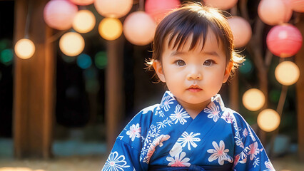 Portrait of a little kid wearing yukata, Japanese traditional summer kimono, at summer festival. Blurred colorful lights bokeh background.