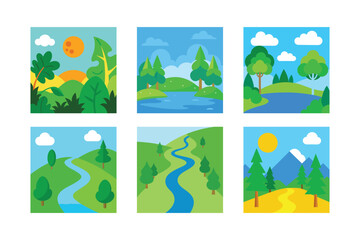 Fototapeta premium A Whimsical Journey Through Nature Six Square Illustrations Displaying Varied Landscapes Featuring Lush Greenery Serene Waterways and Towering Mountains