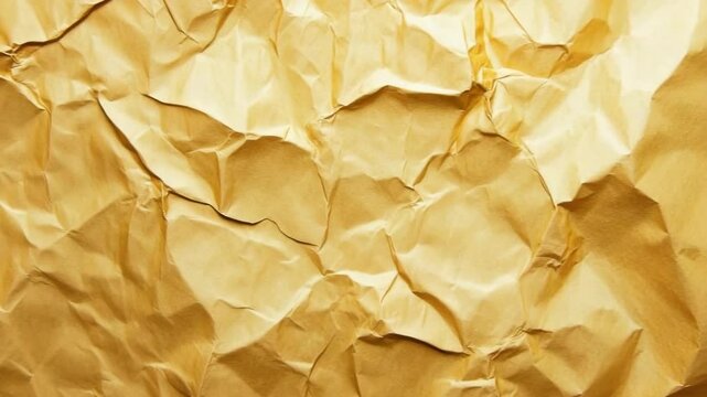 Crumpled brown paper texture with irregular folds and creases creating abstract rough material background with warm tones and natural light shadows ideal for design use